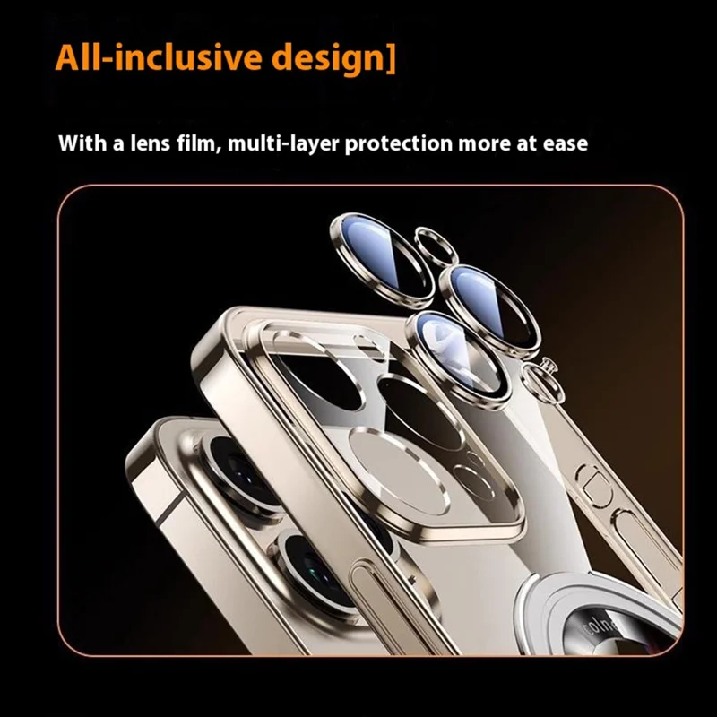 For iPhone 16 Pro Max Case Ring Kickstand Electroplating PC Phone Cover with Lens Film Compatible with MagSafe - Titanium Grey
