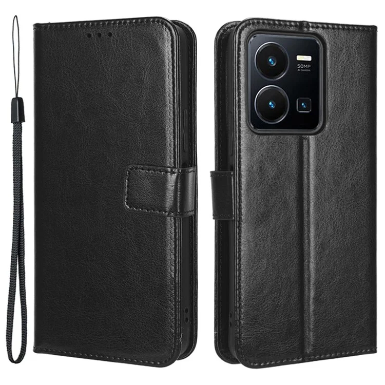 For vivo Y35 4G (2022) / Y22s 4G / Y22 4G PU Leather Shockproof Cellphone Case Crazy Horse Texture Flip Stand Wallet Cover - Black