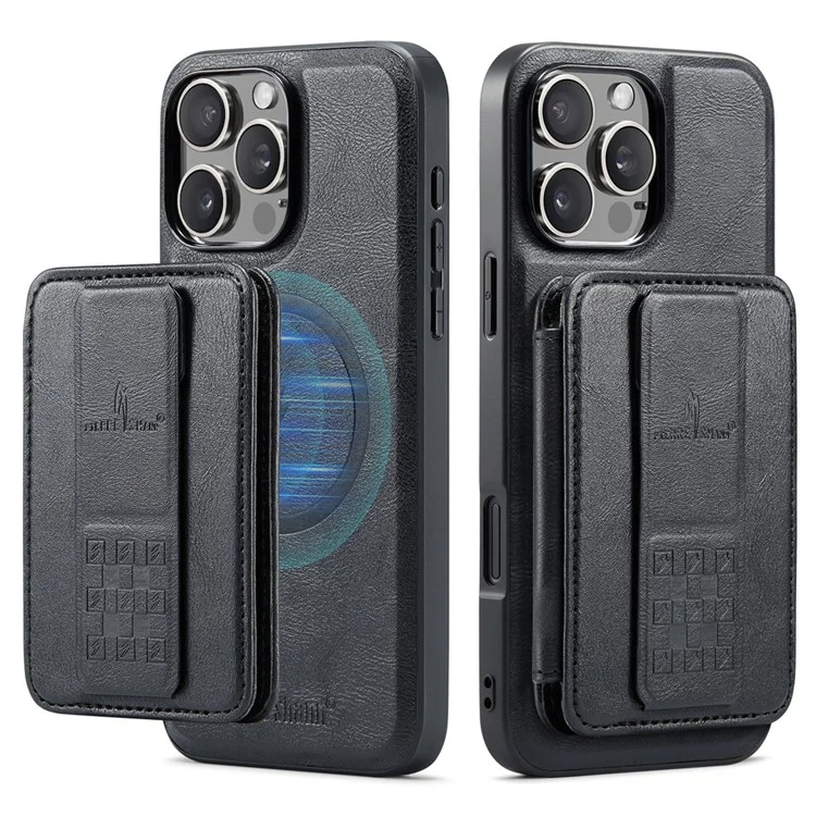 FIERRE SHANN 028 Style For iPhone 16 Pro Max Case Magnetic Detachable Card Slots Leather Back Cover - Black