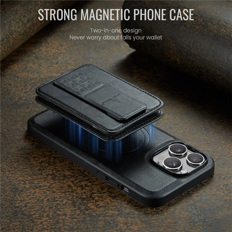 FIERRE SHANN 028 Style For iPhone 16 Pro Max Case Magnetic Detachable Card Slots Leather Back Cover - Black