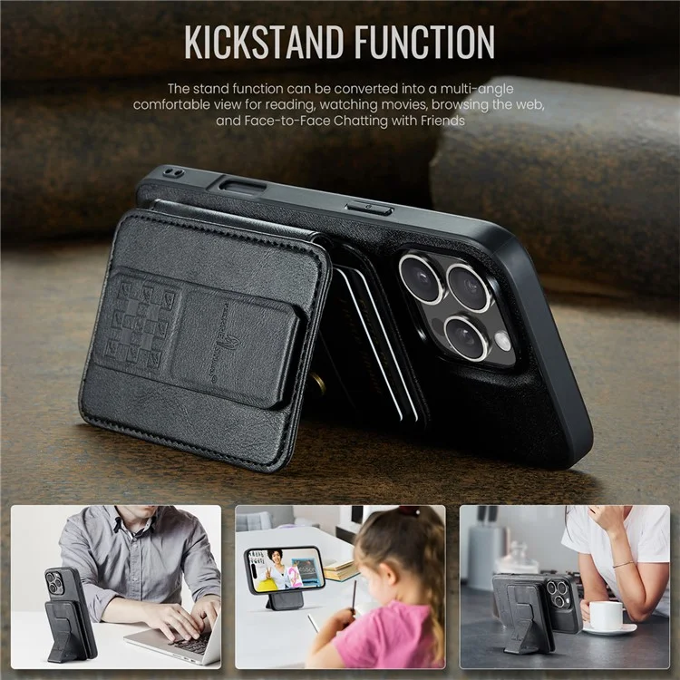FIERRE SHANN 028 Style For iPhone 16 Pro Max Case Magnetic Detachable Card Slots Leather Back Cover - Black
