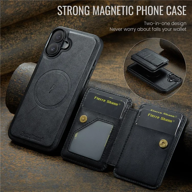 Fierre Shann 028 Estilo Para Iphone 16 Case Magnetic Rangamonadas Ranuras Traseras de Cuero - Negro
