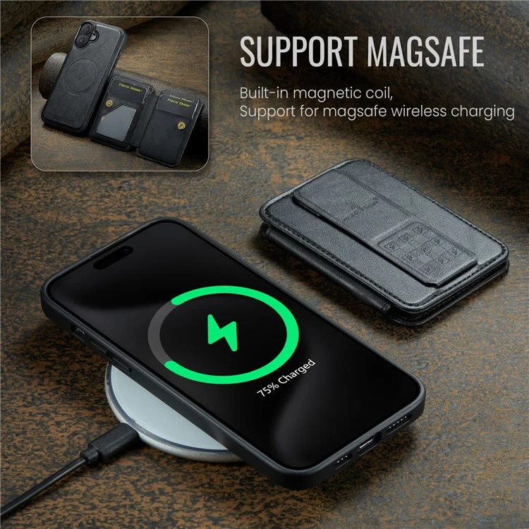 Fierre Shann 028 Estilo Para Iphone 16 Case Magnetic Rangamonadas Ranuras Traseras de Cuero - Negro
