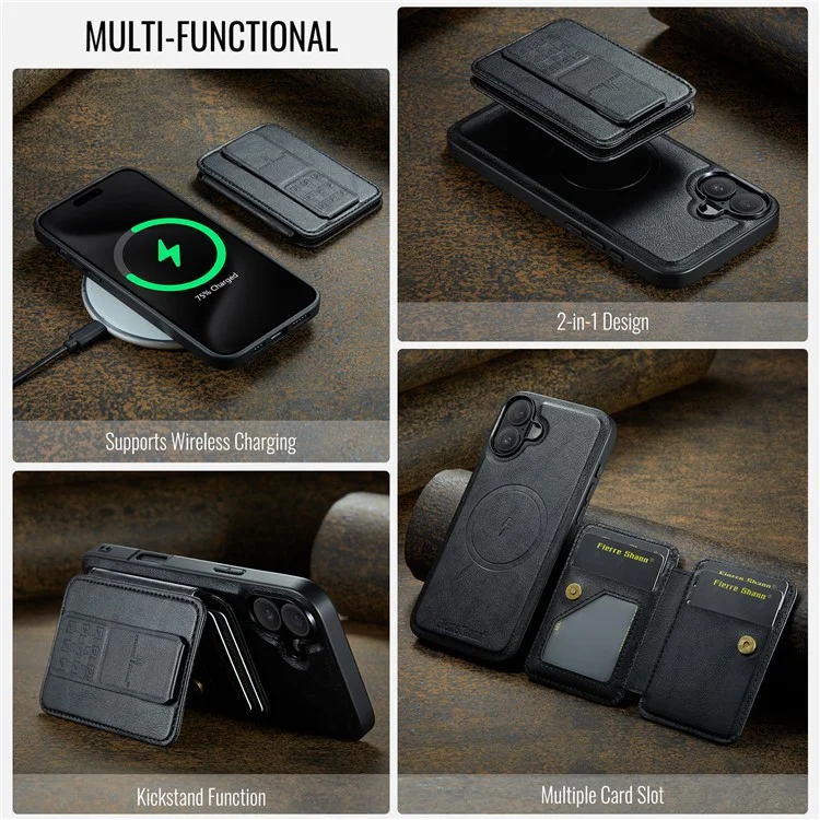 Fierre Shann 028 Estilo Para Iphone 16 Case Magnetic Rangamonadas Ranuras Traseras de Cuero - Negro