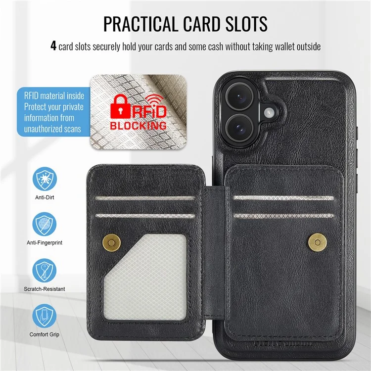 Fierre Shann 028 Estilo Para Iphone 16 Case Magnetic Rangamonadas Ranuras Traseras de Cuero - Negro