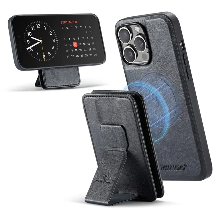 FIERRE SHANN 028 Style For iPhone 16 Pro Case Magnetic Detachable Card Slots Leather Back Cover - Black