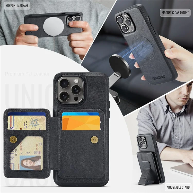 FIERRE SHANN 028 Style For iPhone 16 Pro Case Magnetic Detachable Card Slots Leather Back Cover - Black