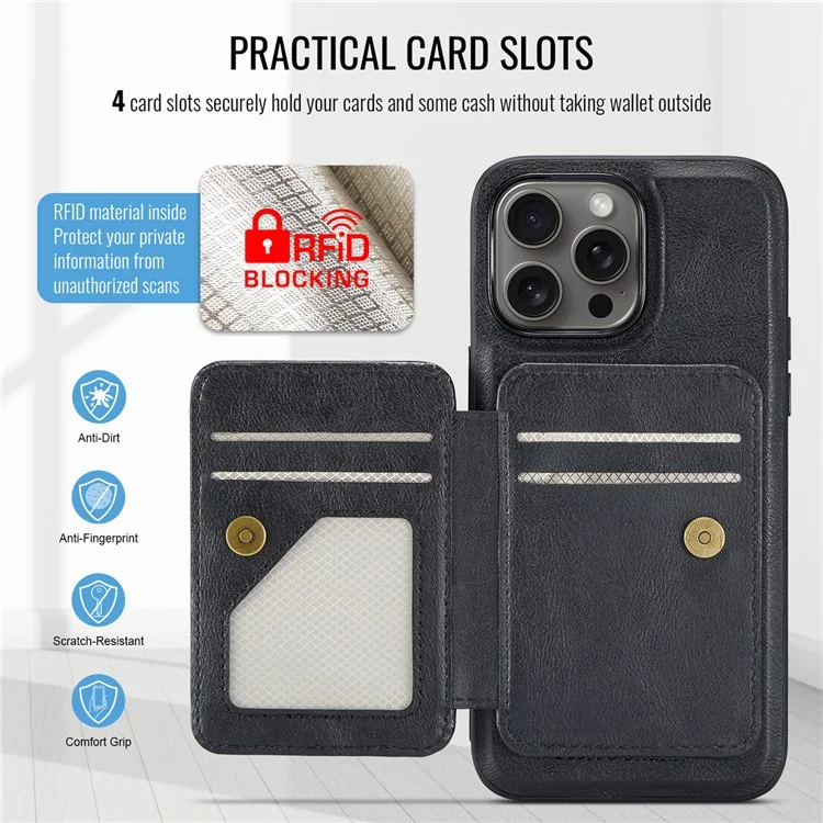 FIERRE SHANN 028 Style For iPhone 16 Pro Case Magnetic Detachable Card Slots Leather Back Cover - Black