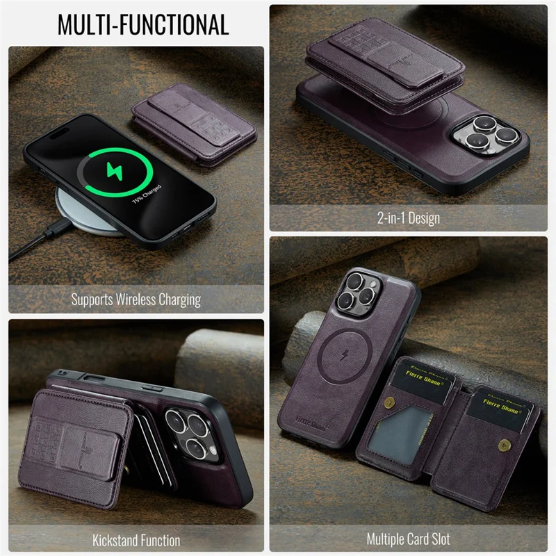 FIERRE SHANN 028 For iPhone 16 Pro Case Magnetic Detachable Card Slots Leather Back Cover - Purple