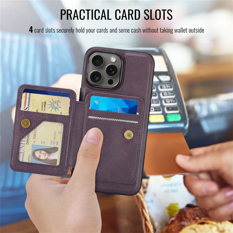FIERRE SHANN 028 For iPhone 16 Pro Case Magnetic Detachable Card Slots Leather Back Cover - Purple