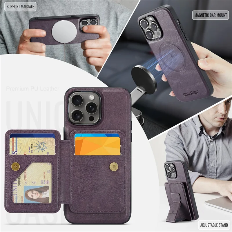 FIERRE SHANN 028 For iPhone 16 Pro Case Magnetic Detachable Card Slots Leather Back Cover - Purple