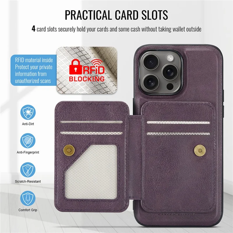 FIERRE SHANN 028 For iPhone 16 Pro Case Magnetic Detachable Card Slots Leather Back Cover - Purple