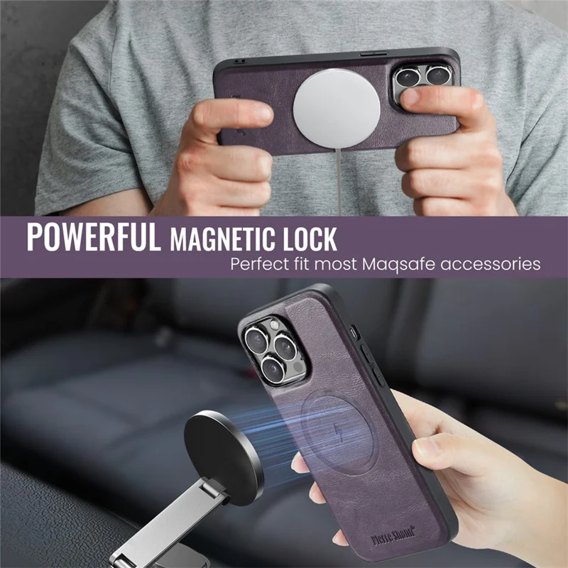 FIERRE SHANN 028 For iPhone 16 Pro Case Magnetic Detachable Card Slots Leather Back Cover - Purple