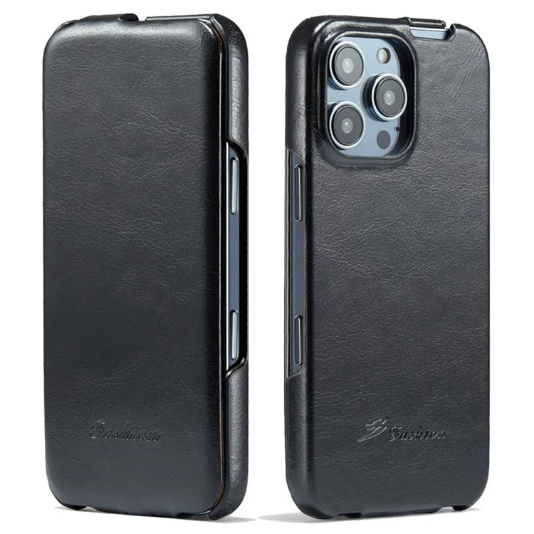 For iPhone 16 Pro Max Case Vertical Flip Leather Crazy Horse Texture Phone Cover - Black