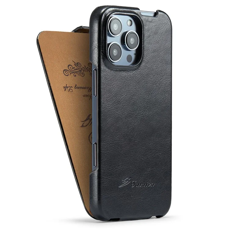 For iPhone 16 Pro Max Case Vertical Flip Leather Crazy Horse Texture Phone Cover - Black