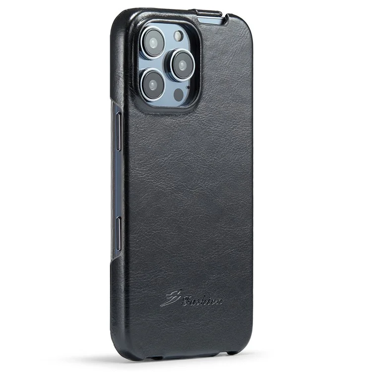 For iPhone 16 Pro Max Case Vertical Flip Leather Crazy Horse Texture Phone Cover - Black
