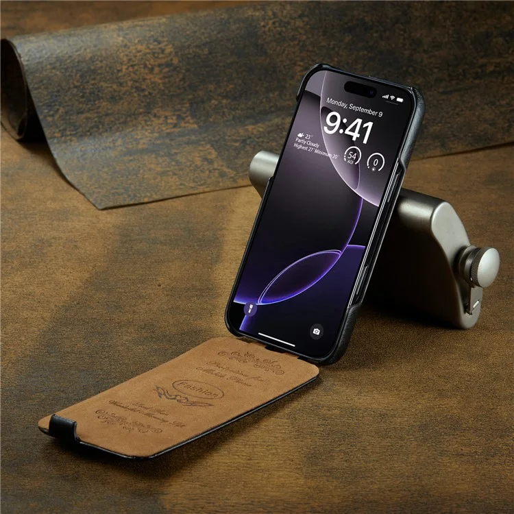 For iPhone 16 Pro Max Case Vertical Flip Leather Crazy Horse Texture Phone Cover - Black