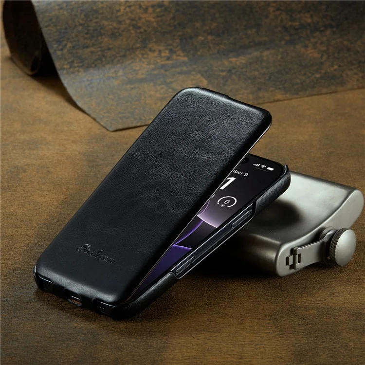 For iPhone 16 Pro Max Case Vertical Flip Leather Crazy Horse Texture Phone Cover - Black