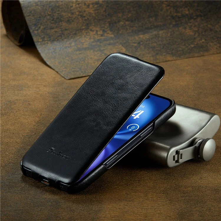 For iPhone 16 Case Vertical Flip Leather Crazy Horse Texture Phone Cover - Black