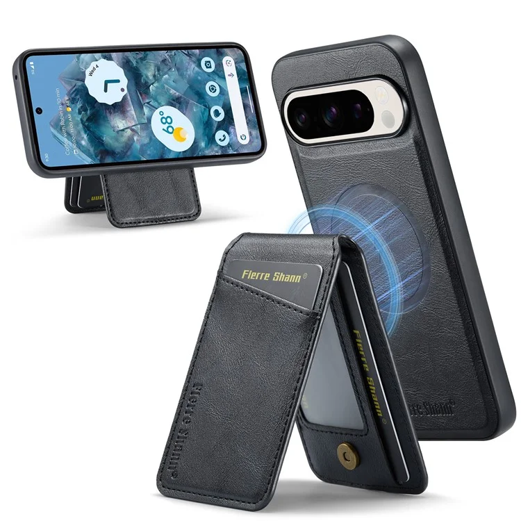 Fierre Shann 025 Estilo Para Google Pixel 9 Pro XL Case Leather+TPU Slots de Cartão Destacável Tampa - Preto