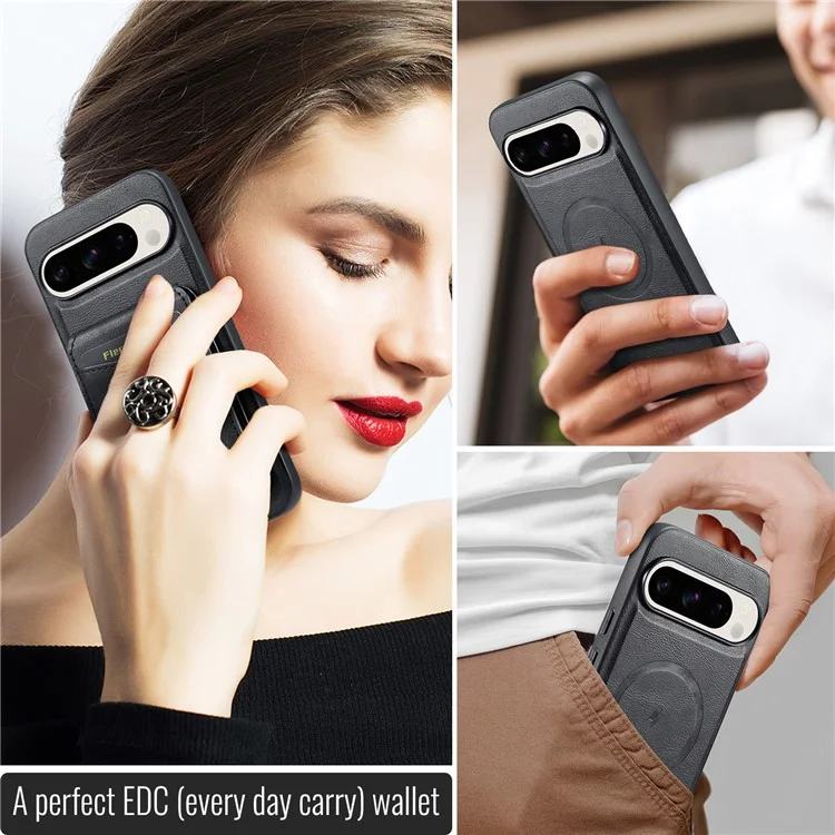 Fierre Shann 025 Estilo Para Google Pixel 9 Pro XL Case Leather+TPU Slots de Cartão Destacável Tampa - Preto