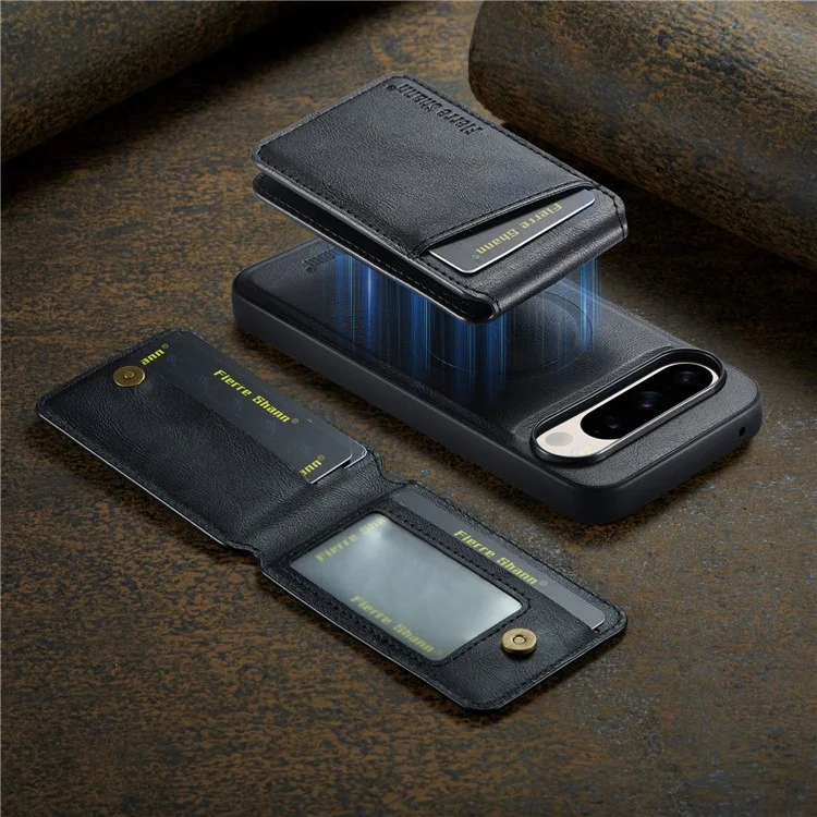 Fierre Shann 025 Estilo Para Google Pixel 9 Pro XL Case Leather+TPU Slots de Cartão Destacável Tampa - Preto