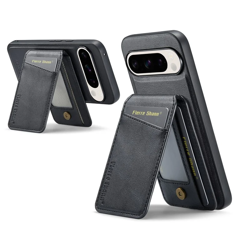 Fierre Shann 025 Estilo Para Google Pixel 9 Pro XL Case Leather+TPU Slots de Cartão Destacável Tampa - Preto