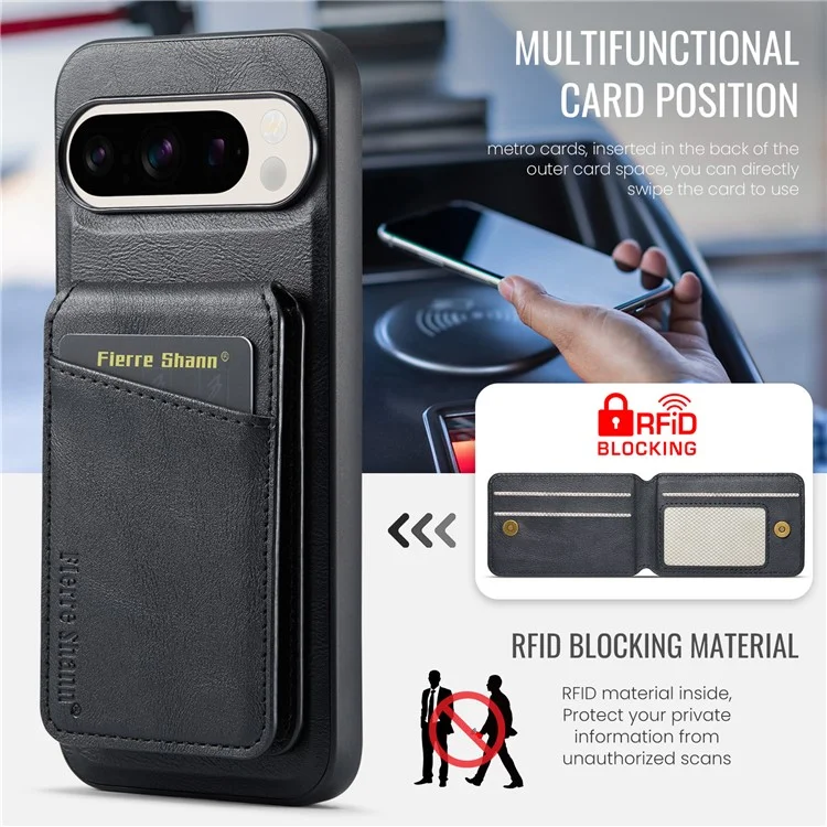 Fierre Shann 025 Estilo Para Google Pixel 9 Pro XL Case Leather+TPU Slots de Cartão Destacável Tampa - Preto