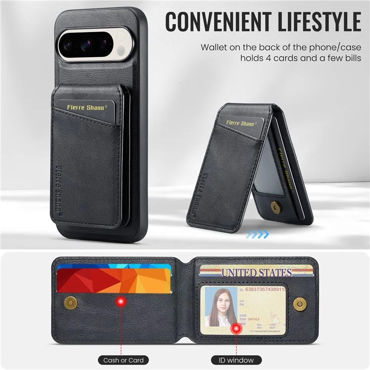 Fierre Shann 025 Estilo Para Google Pixel 9 Pro XL Case Leather+TPU Slots de Cartão Destacável Tampa - Preto