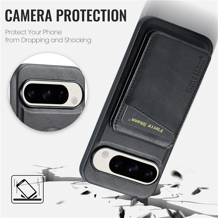 Fierre Shann 025 Estilo Para Google Pixel 9 Pro XL Case Leather+TPU Slots de Cartão Destacável Tampa - Preto