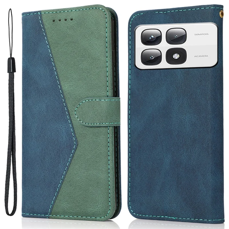 Для Xiaomi 14t Pro Cover Cover Color Splicing Swelet Stand The Leather Phone Case с Ремешком Для Запястья - Синий+зеленый