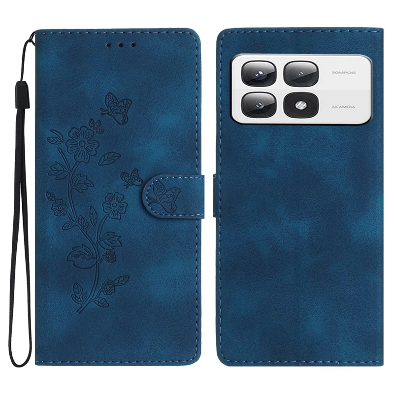 For Xiaomi 14T Pro Case Leather Imprinted Flower Phone Cover Wallet with Wrist Strap - Blue
