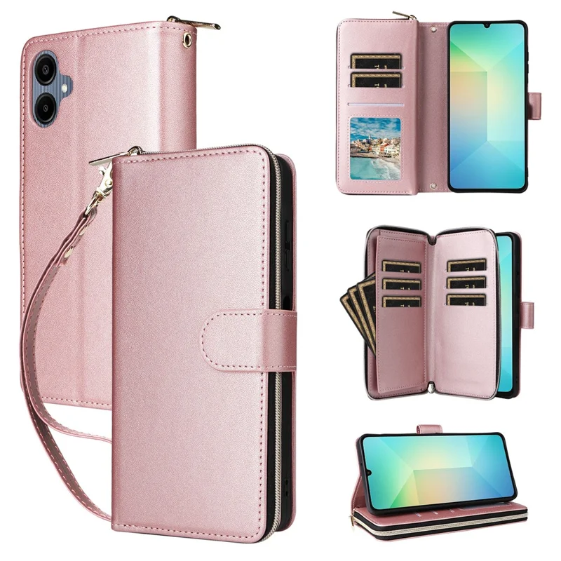R20 Para Samsung Galaxy A06 Case Capacal de Bolsillo PU Cubierta de Cuero Con 9 Ranuras Para Tarjetas - Oro Rosa