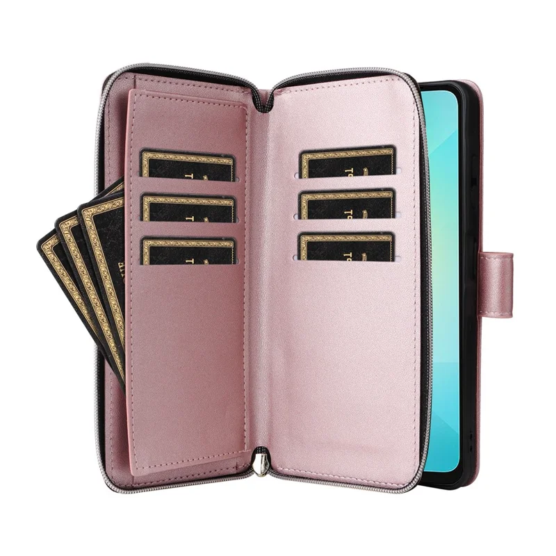 R20 Para Samsung Galaxy A06 Case Capacal de Bolsillo PU Cubierta de Cuero Con 9 Ranuras Para Tarjetas - Oro Rosa
