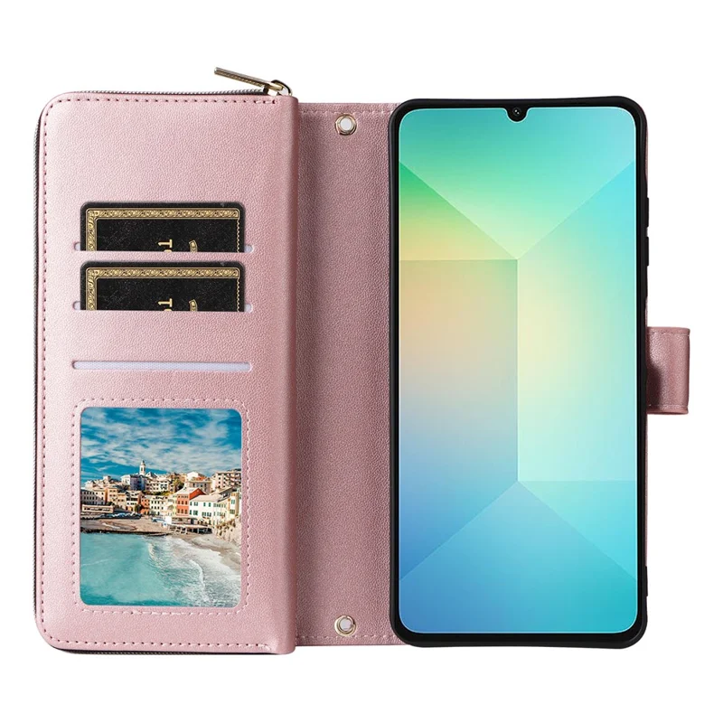 R20 Para Samsung Galaxy A06 Case Capacal de Bolsillo PU Cubierta de Cuero Con 9 Ranuras Para Tarjetas - Oro Rosa