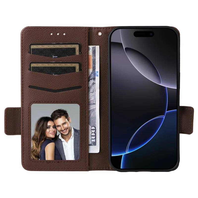 Para Iphone 16 Pro Max Case Litchi Texture PU Leather Willet Flip Phone Cover - Marrón