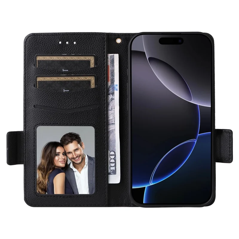 For iPhone 16 Pro Max Case with Wrist Strap Litchi Texture PU Leather Wallet Phone Cover - Black