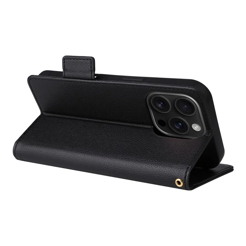 For iPhone 16 Pro Max Case with Wrist Strap Litchi Texture PU Leather Wallet Phone Cover - Black