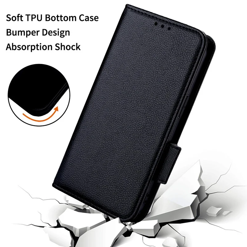 For iPhone 16 Pro Max Case with Wrist Strap Litchi Texture PU Leather Wallet Phone Cover - Black