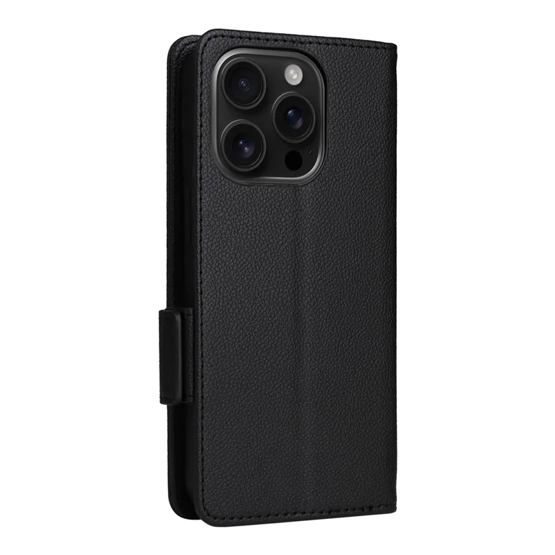 For iPhone 16 Pro Max Case with Wrist Strap Litchi Texture PU Leather Wallet Phone Cover - Black
