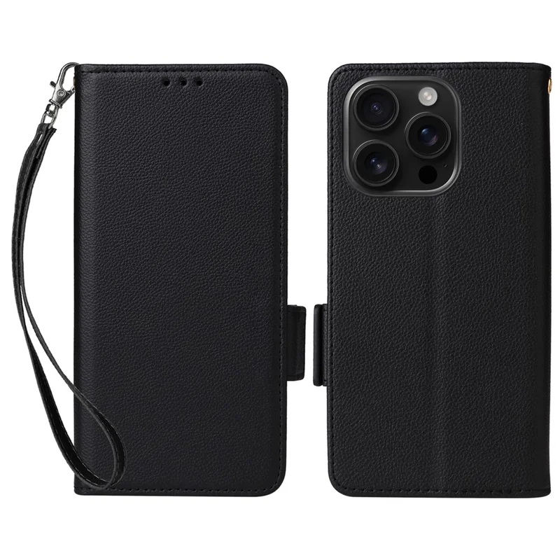 Para Iphone 16 Pro Case Litchi Texture PU Leather Willet Flip Phone Cover - Negro