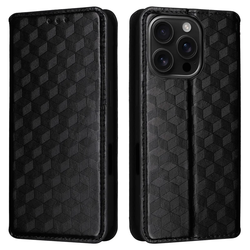 For iPhone 16 Pro Wallet Case Rhombus Imprinted Leather Phone Cover - Black