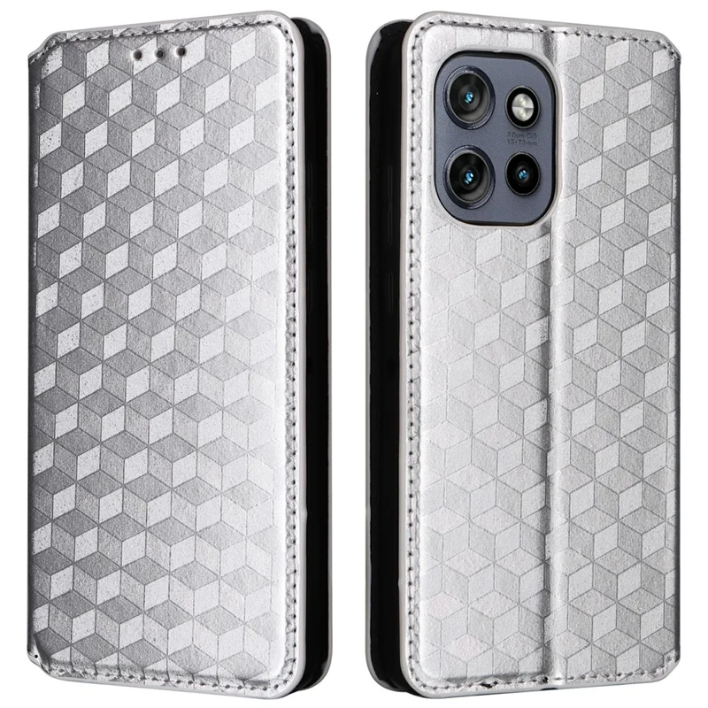 Per Motorola Edge 50 Neo 5G / Moto S50 5G Wallet Case Copertina di Telefono in Pelle Rhombus Exprinted - Argento