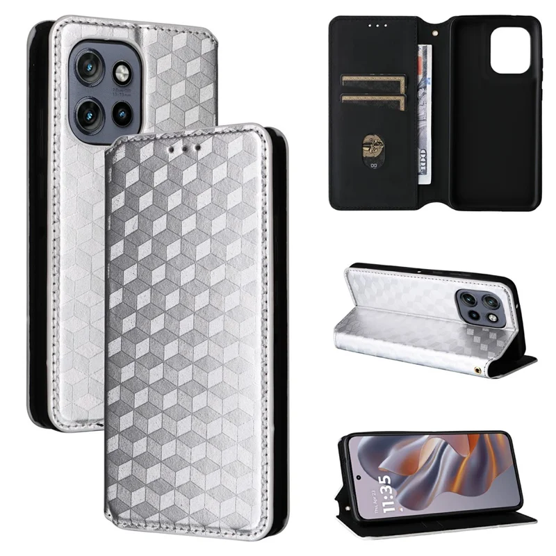 Per Motorola Edge 50 Neo 5G / Moto S50 5G Wallet Case Copertina di Telefono in Pelle Rhombus Exprinted - Argento