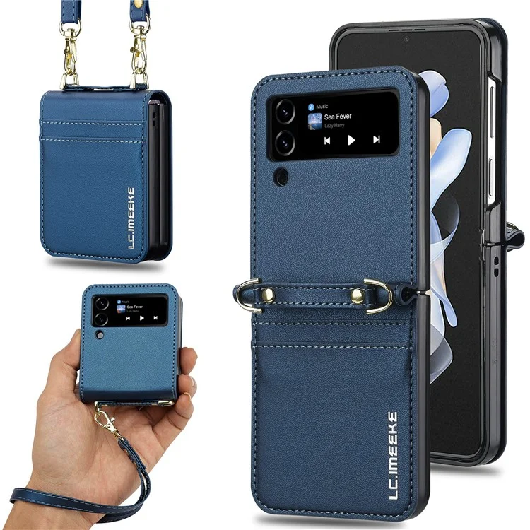 LC.IMEEKE L1 for Samsung Galaxy Z Flip4 5G Case Leather+PC Phone Cover with Straps Card Slots - Blue