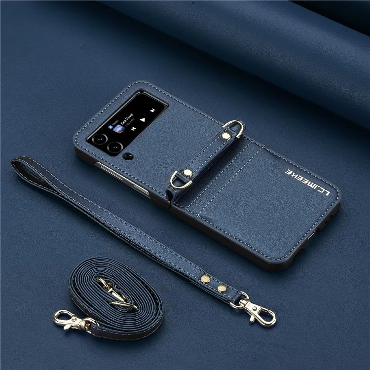 LC.IMEEKE L1 for Samsung Galaxy Z Flip4 5G Case Leather+PC Phone Cover with Straps Card Slots - Blue