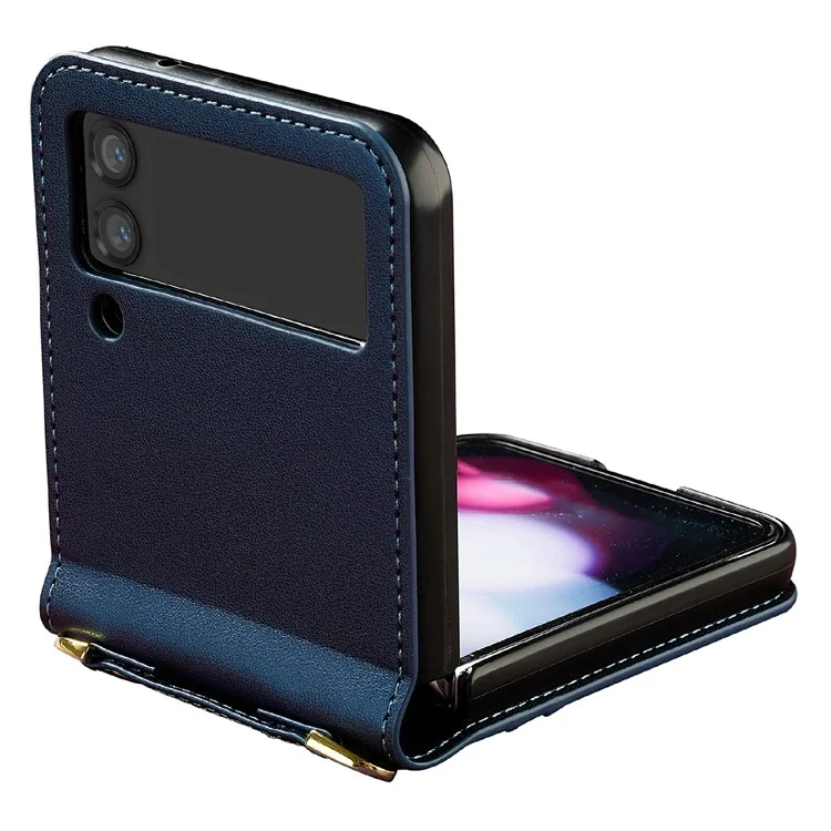 LC.IMEEKE L1 for Samsung Galaxy Z Flip4 5G Case Leather+PC Phone Cover with Straps Card Slots - Blue