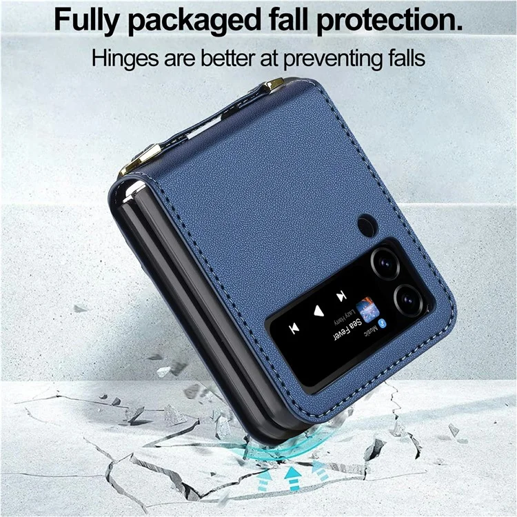 LC.IMEEKE L1 for Samsung Galaxy Z Flip4 5G Case Leather+PC Phone Cover with Straps Card Slots - Blue