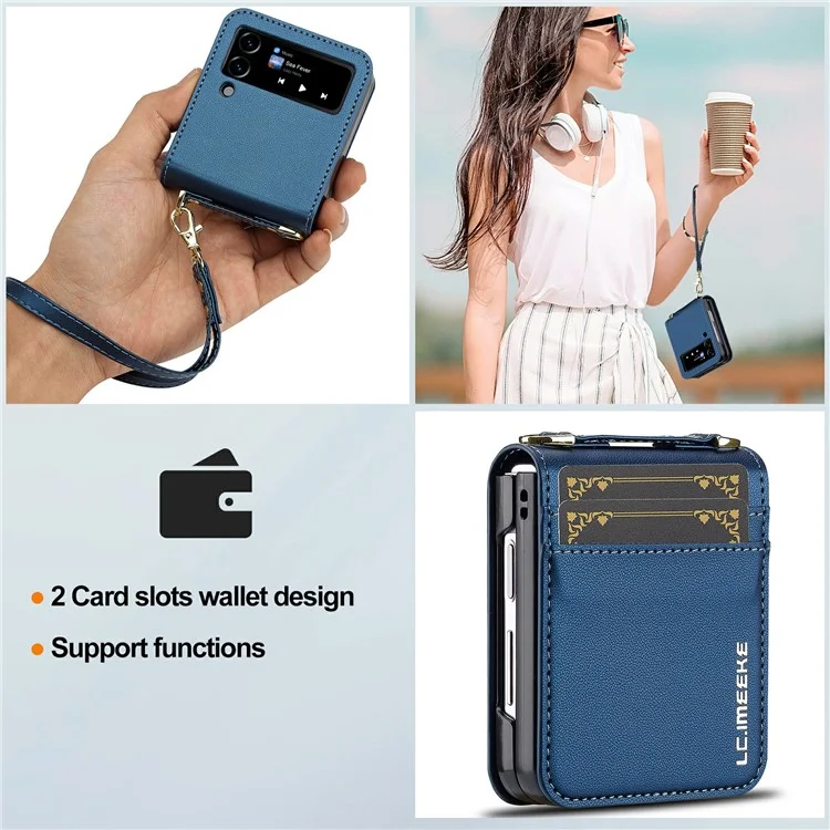 LC.IMEEKE L1 for Samsung Galaxy Z Flip4 5G Case Leather+PC Phone Cover with Straps Card Slots - Blue