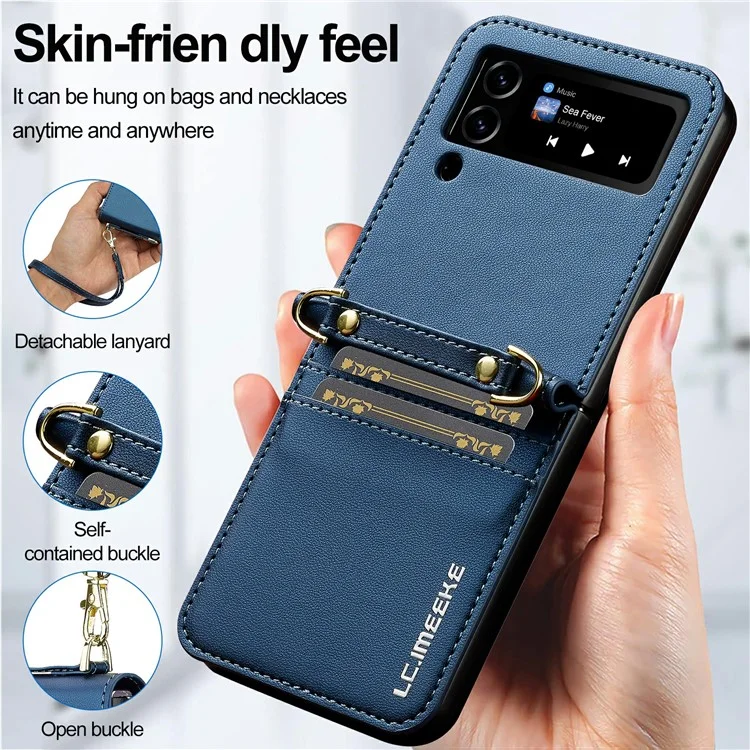 LC.IMEEKE L1 for Samsung Galaxy Z Flip4 5G Case Leather+PC Phone Cover with Straps Card Slots - Blue
